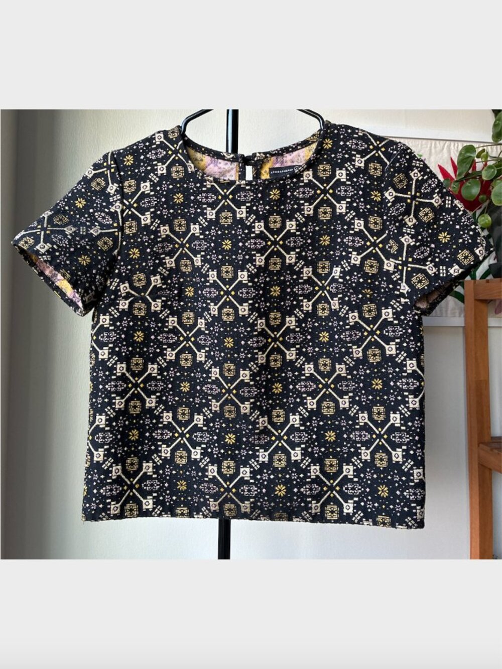 Atmosphere Embroidered Geometric and Metallic Black Short Sleeve Top - Size XS